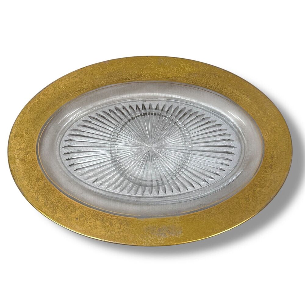 Vintage Art Deco Gilded Floral Rim Clear Glass Serving Tray Gold Oval Platterโ